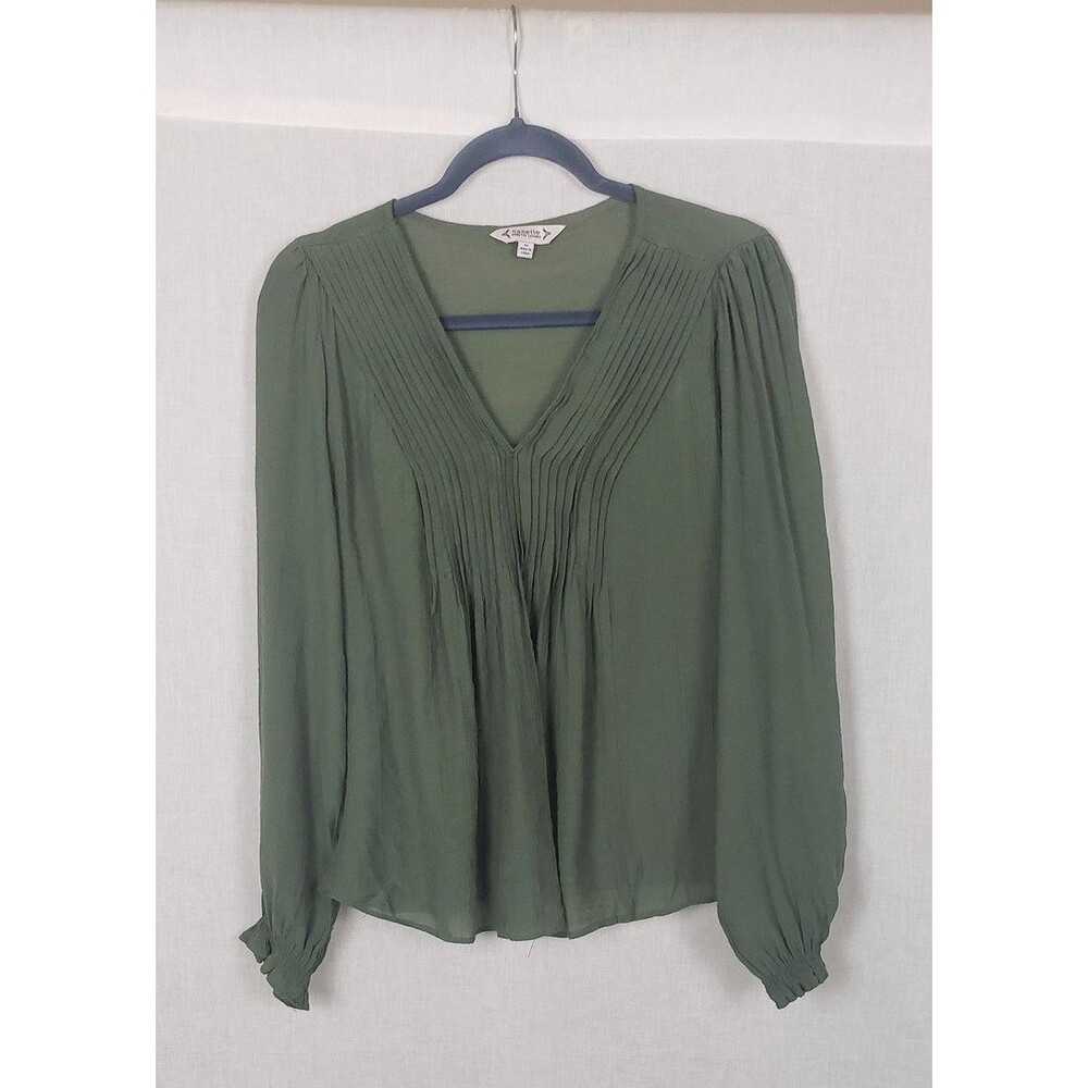 Nanette Lepore Blouse Top M Olive Green V Neck Pintuck Pleat‎ Casual Autumn Fall